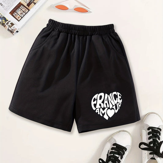 Girls Heart Print Casual Sweat Shorts Elastic Waist Work Out Shorts