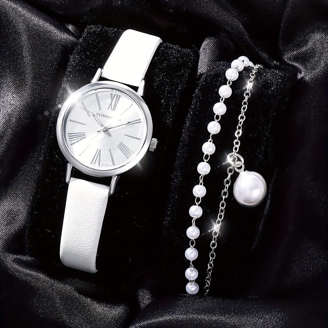 Alloy Round Quartz Watch & Rhinestone Bead Bracelet Set