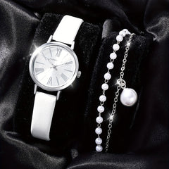 Alloy Round Quartz Watch & Rhinestone Bead Bracelet Set