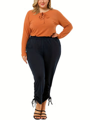 Solid Elastic Ruched Crop Trousers With Pockets