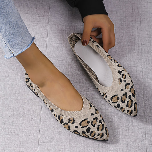 Leopard Pattern Knit Flat Shoes Pointed Toe Slip On Ballet Shoes