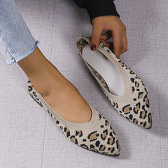 Leopard Pattern Knit Flat Shoes Pointed Toe Slip On Ballet Shoes