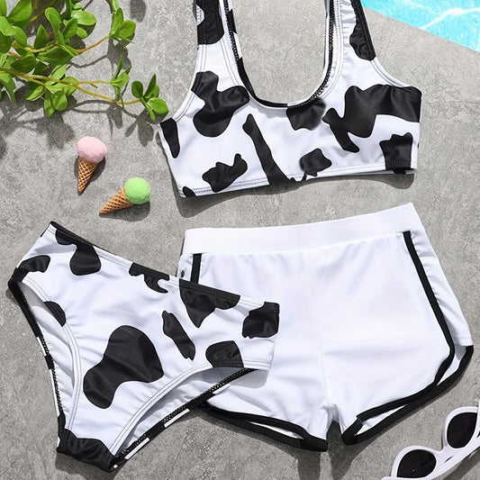 Cow Print Bikini with Shorts Set for Girls