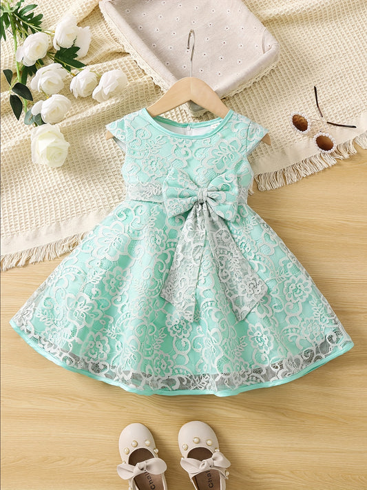 Girls Lace Mesh Flutter Sleeve Bow Front Party Princess Dress
