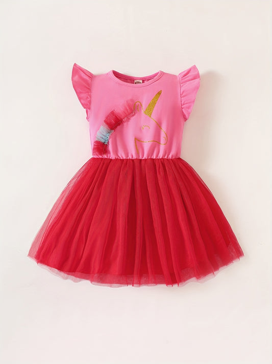 Toddler Girls Cartoon Unicorn Mesh Princess Dress For Party Beach Vacation