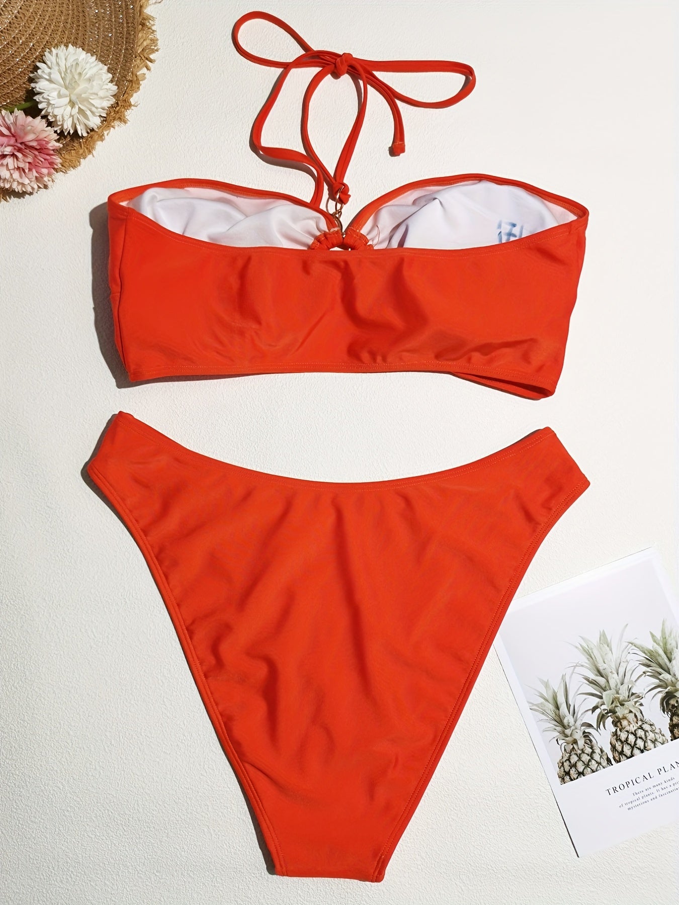  Solid Halter Neck Bikini Set with Ring Decor