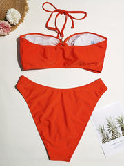  Solid Halter Neck Bikini Set with Ring Decor