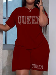 Women's Plus Rhinestone Letter Print Tee & Shorts Outfits 2pcs Set