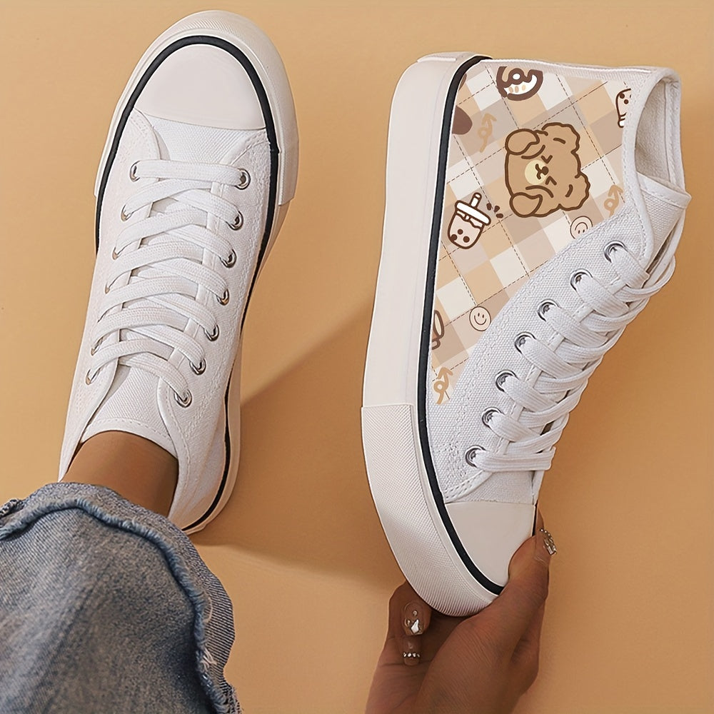 Bear Print High Top Canvas Sneakers Breathable Round Toe Lace Up Skate Shoes