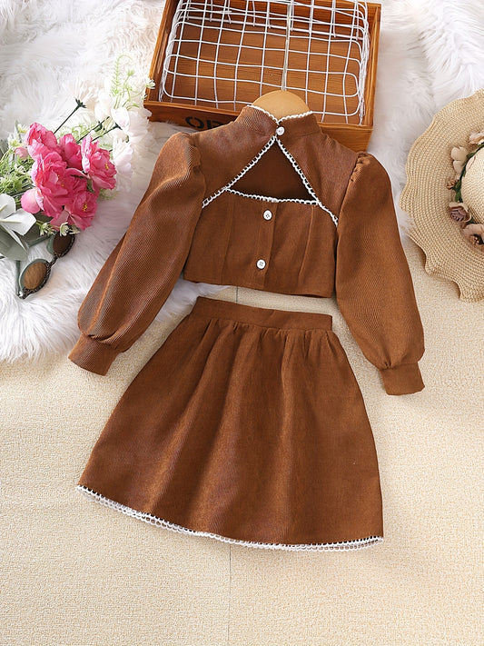 Girl's 2pcs Corduroy Shirt & Skirt Set Casual Outfits For Spring Autumn