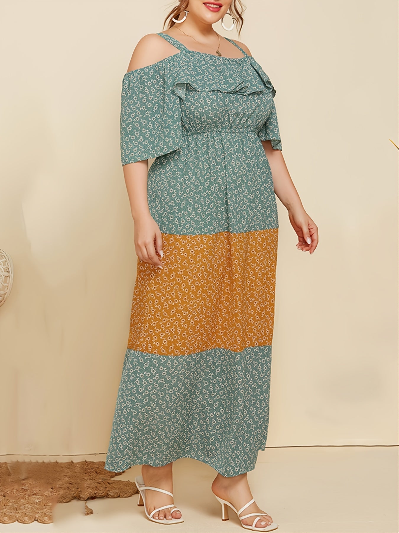 Plus Floral Cold Shoulder Maxi Dress Women's Plus Ruffle Trim Long Dr