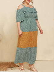 Plus Floral Cold Shoulder Maxi Dress Women's Plus Ruffle Trim Long Dr