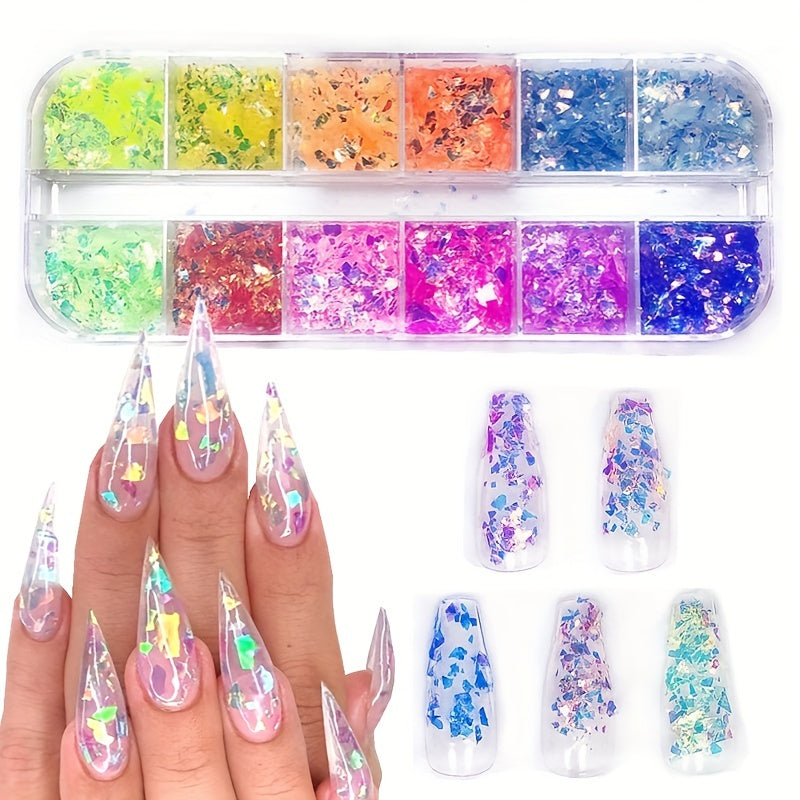 12 Grids Holographic Nail Glitter Flakes for 3D Nail Art