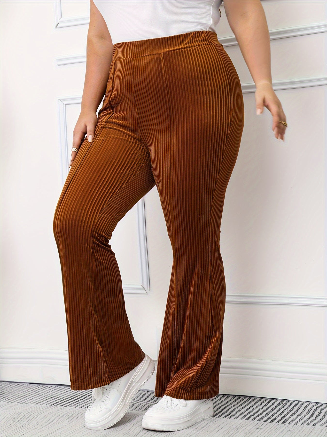  Velvet Ribbed High Rise Flared Leg Trousers