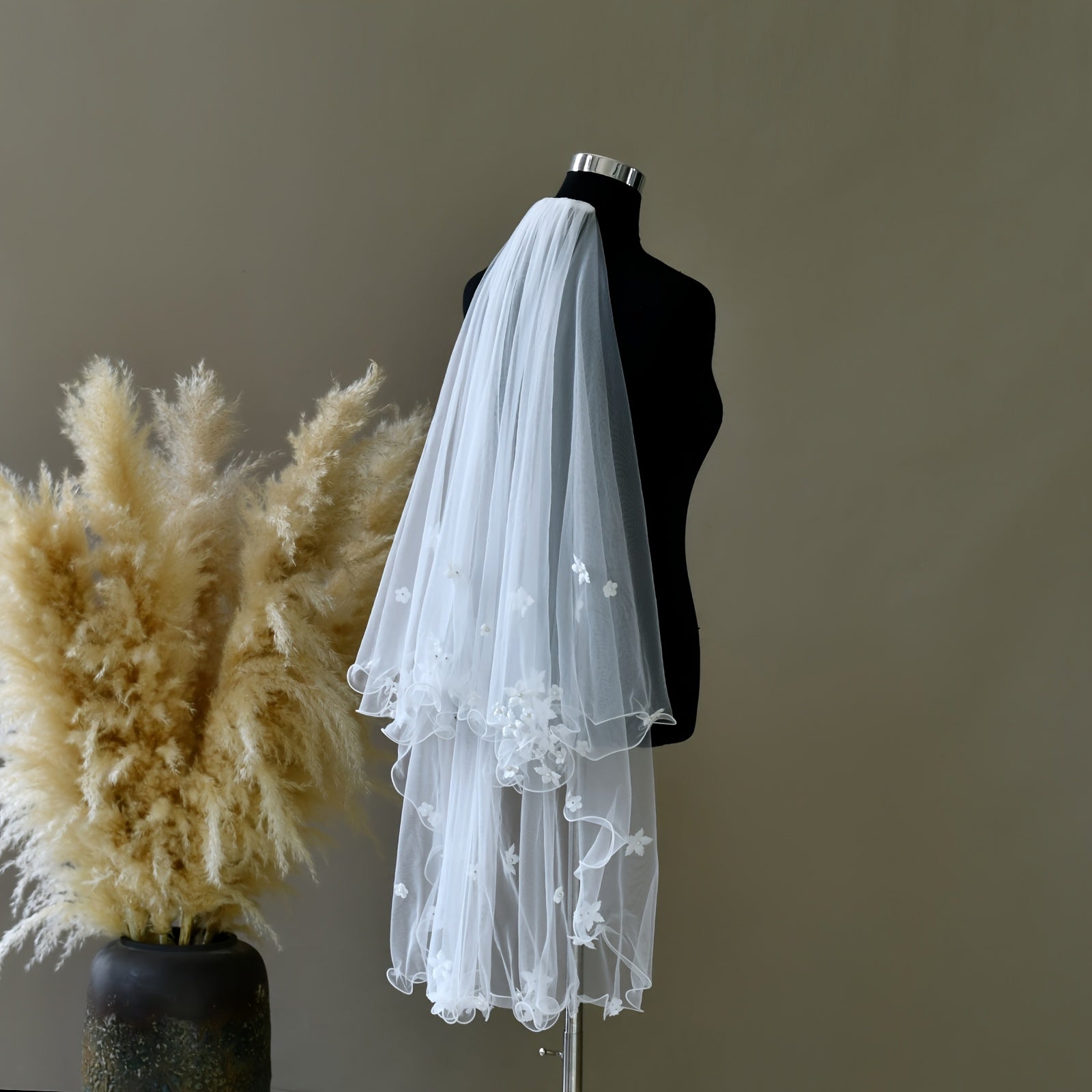 Floral Bridal Veil Double Layer Sheer Nylon Garden Wedding Romantic Accessory