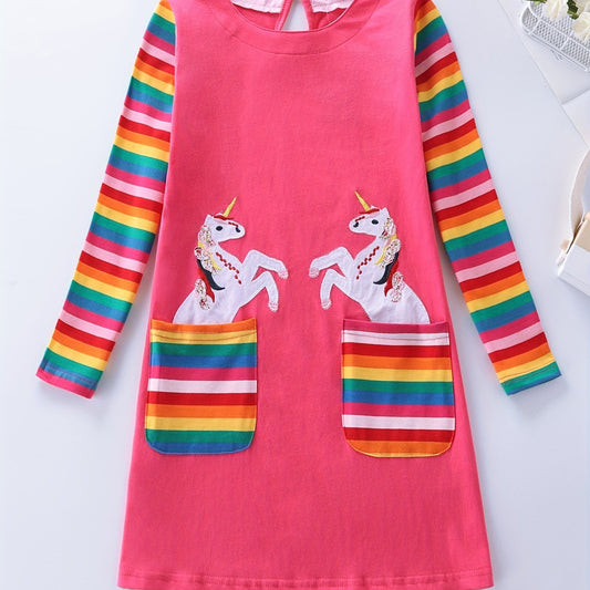 Girls Unicorn Embroidered Long Sleeve Casual Dress