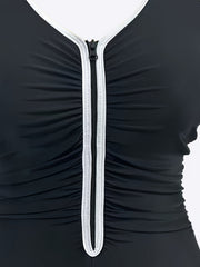 Sporty Plus Size Swimsuit Zipper Front Ruched One Piece Bathing Suit