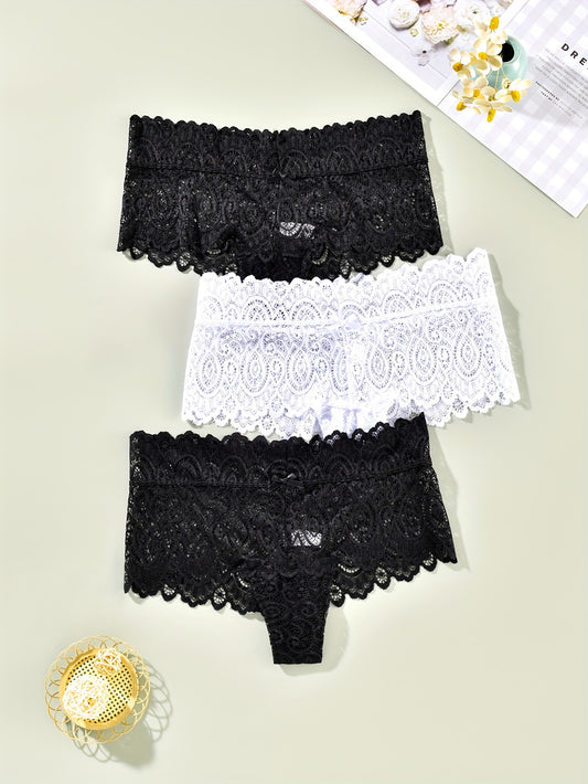 3 Pack Plus Size Lace Panties Set Women's Floral Underwear