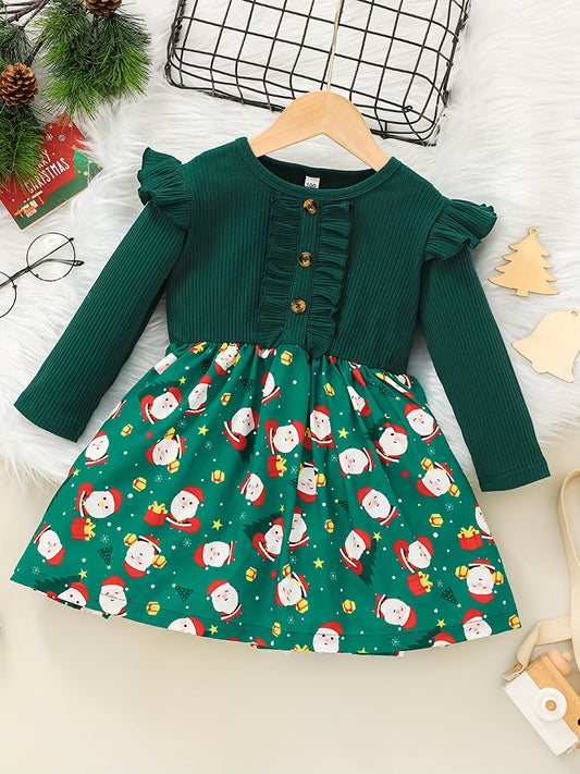 Santa Graphic Ribbed Long Sleeve Dress For Girls