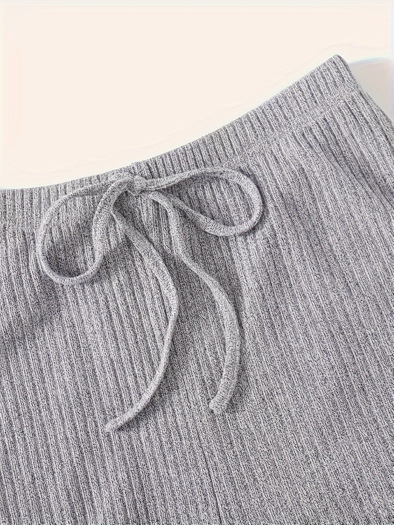 Solid Ribbed Lounge Set V Neck Top & Elastic Waistband Pants