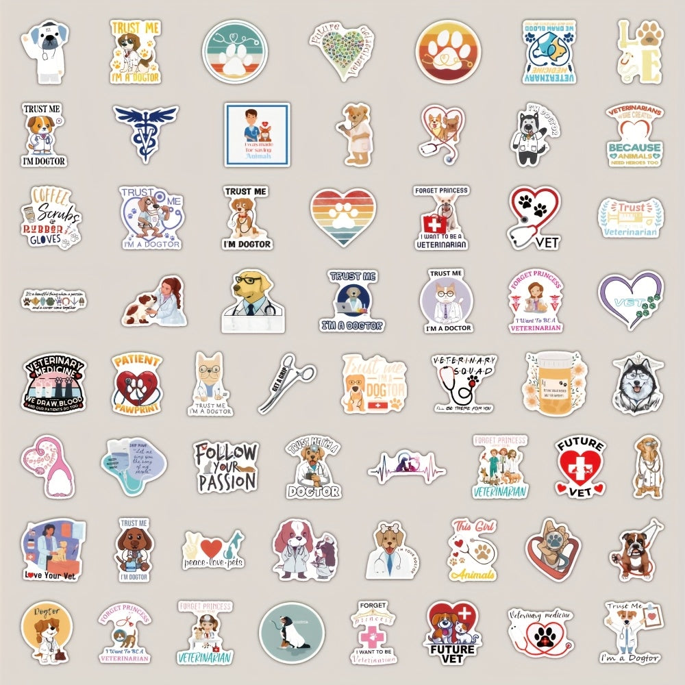 60pcs Animal Vet Theme Stickers Stethoscopes Paw Prints Vinyl Stickers