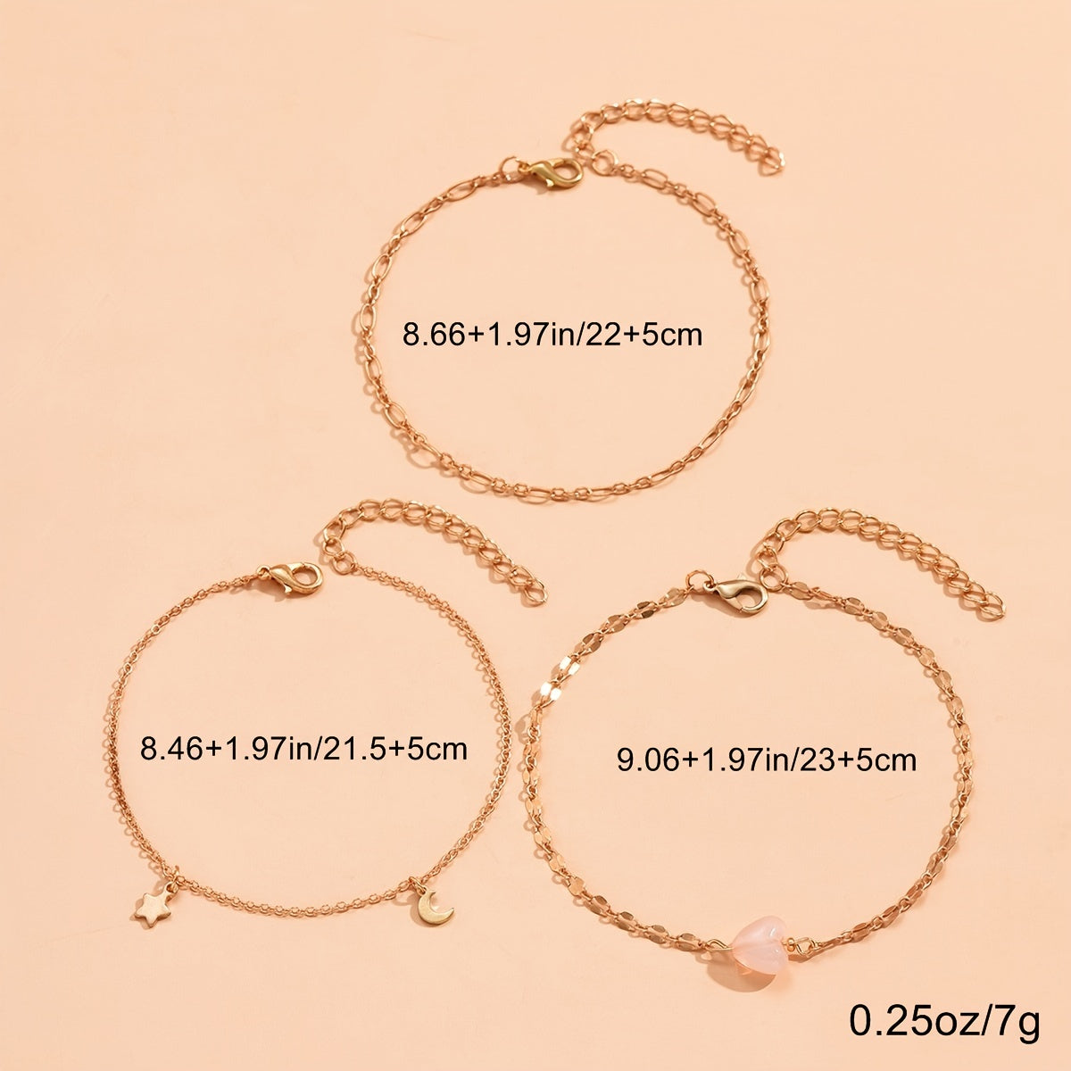 3 Pcs Moon Pendant Anklet Set 14K Plated Zinc Alloy Bracelet