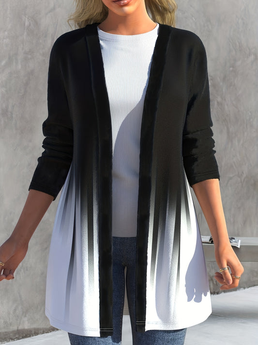  Colorblock Ombre Print Long Sleeve Open Front Cardigan