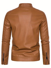 Men's PU Zip Up Stand Collar Faux Leather Jacket