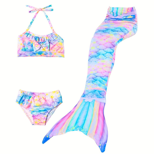 Girl's Mermaid Swimsuit 3pcs Tie Dye Halter Bikini Set