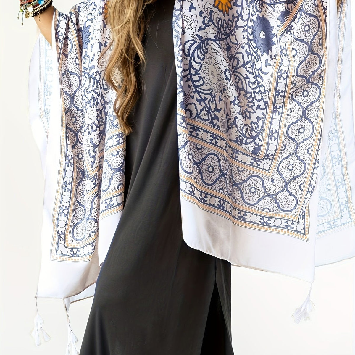  Floral Print Bat Sleeve Tassel Cover Up Cardigan