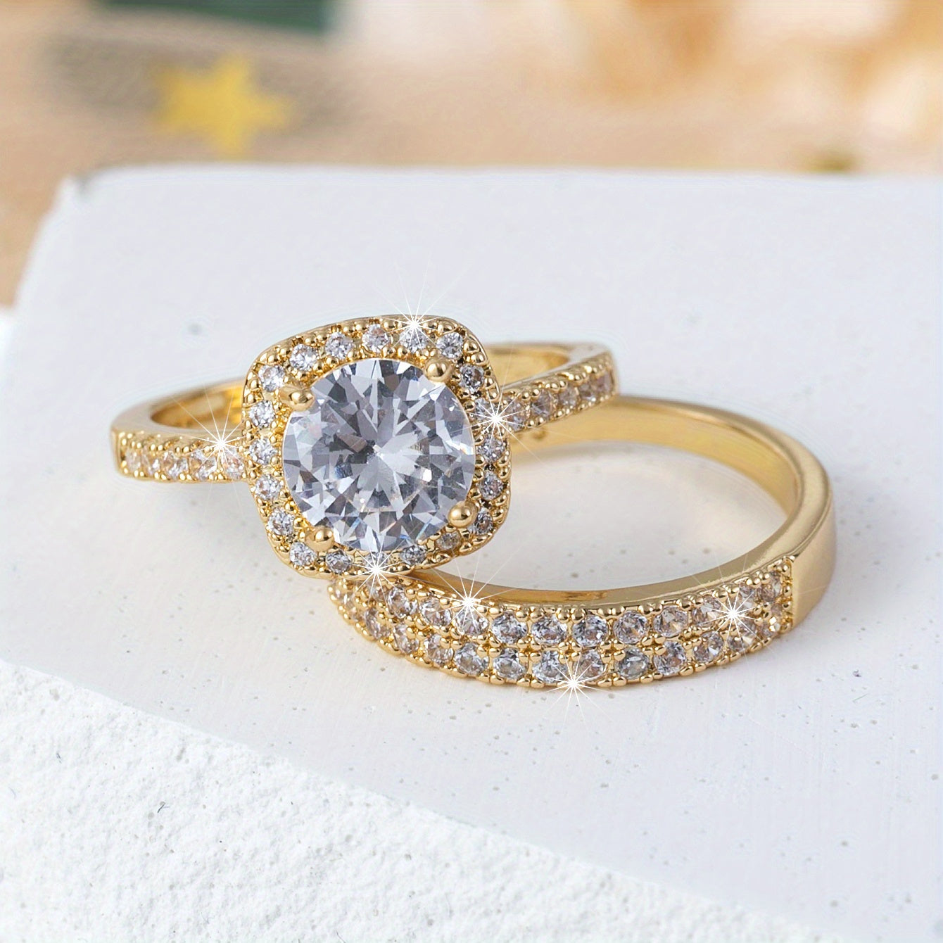 2pcs Shining Gemstone Promise Rings Silver Plated Dainty Jewelry