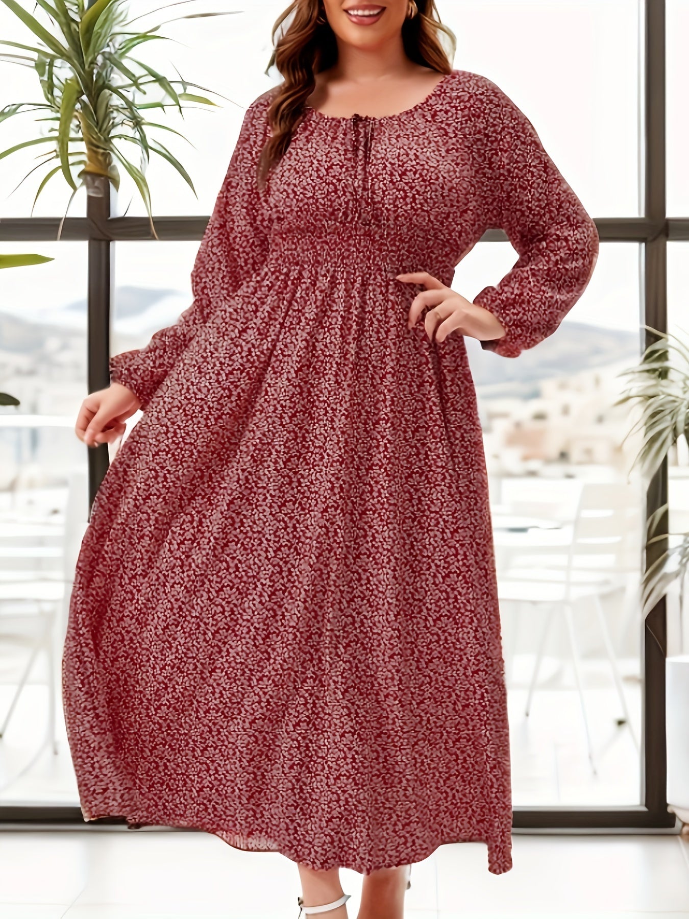  Casual Allover Print Long Sleeve Maxi Dress