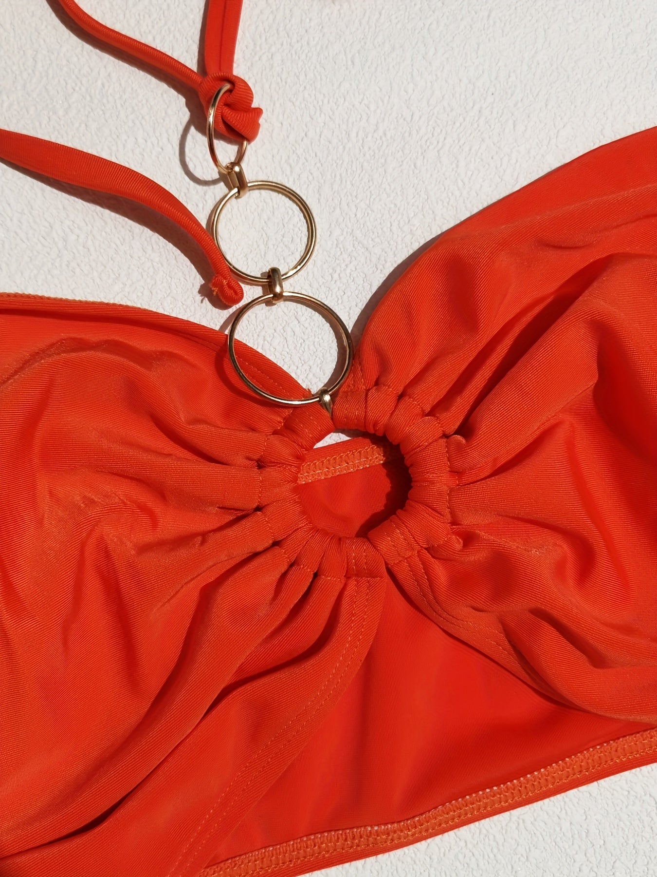  Solid Halter Neck Bikini Set with Ring Decor