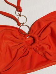  Solid Halter Neck Bikini Set with Ring Decor