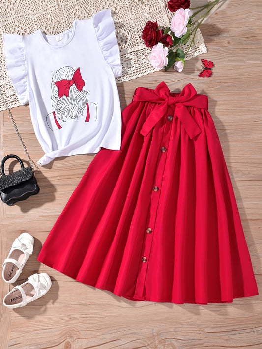 2pc Toddler Girls Butterfly Sleeve T-shirt & Belted Button Skirt Set