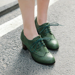 Green High Heel Oxfords Lace Up Faux Leather Stacked Heel Shoes