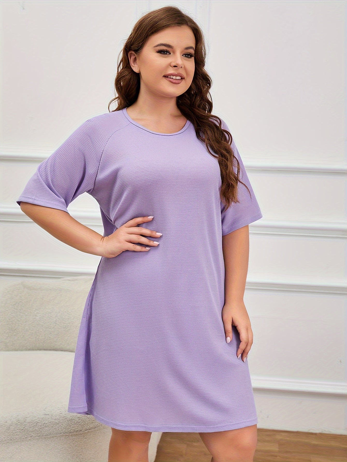  Solid Waffle Knit Short Sleeve Round Neck Sleep Dress