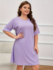  Solid Waffle Knit Short Sleeve Round Neck Sleep Dress