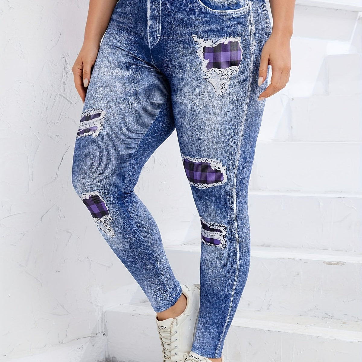  Denim Print Ripped High Waist Leggings Women's Casual