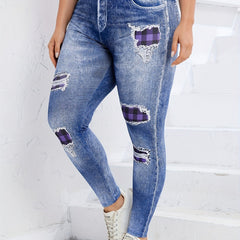  Denim Print Ripped High Waist Leggings Women's Casual
