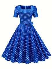 Polka Dot Bow Front Dress Vintage Square Neck Short Sleeve