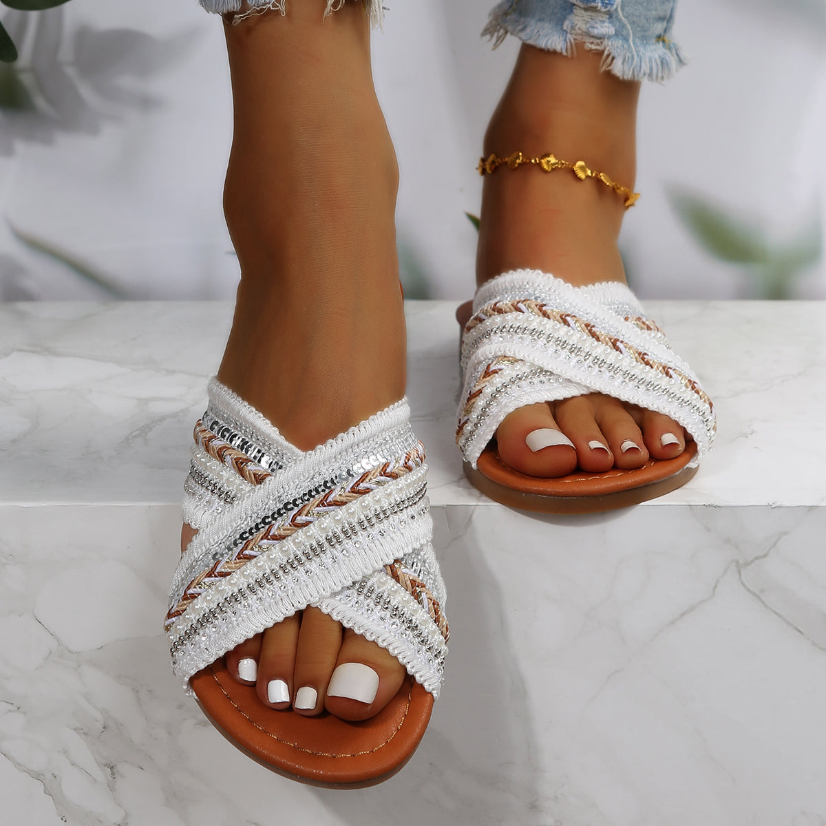 Women's Tribal Style Flat Slippers Open Toe with Faux Pearl Sequin Decor