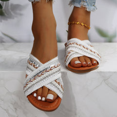 Women's Tribal Style Flat Slippers Open Toe with Faux Pearl Sequin Decor
