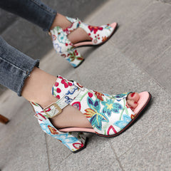 Flower Pattern Block Heels Comfortable Open Toe Sandals