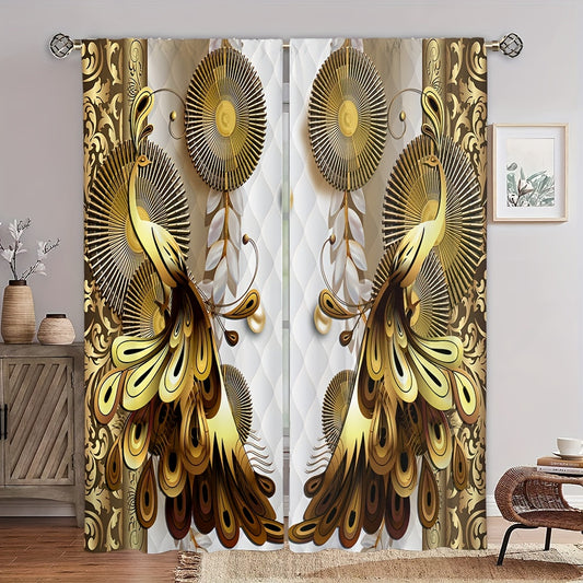 2 Panels Golden Peacock Curtain Rod Pocket Top Window Drapes