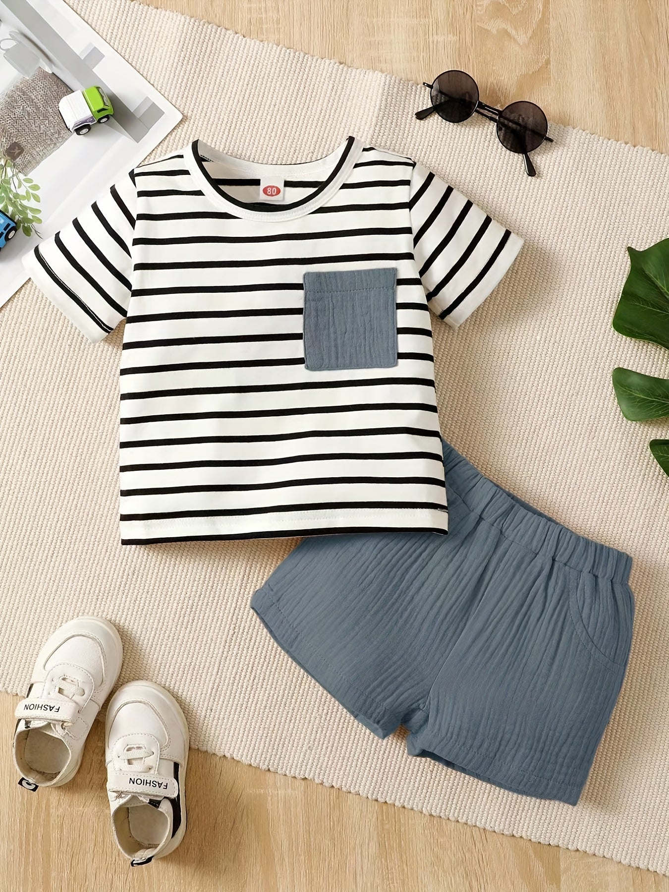 2pcs Little Boy Casual Striped Tees & Shorts Set Summer Kids Clothes