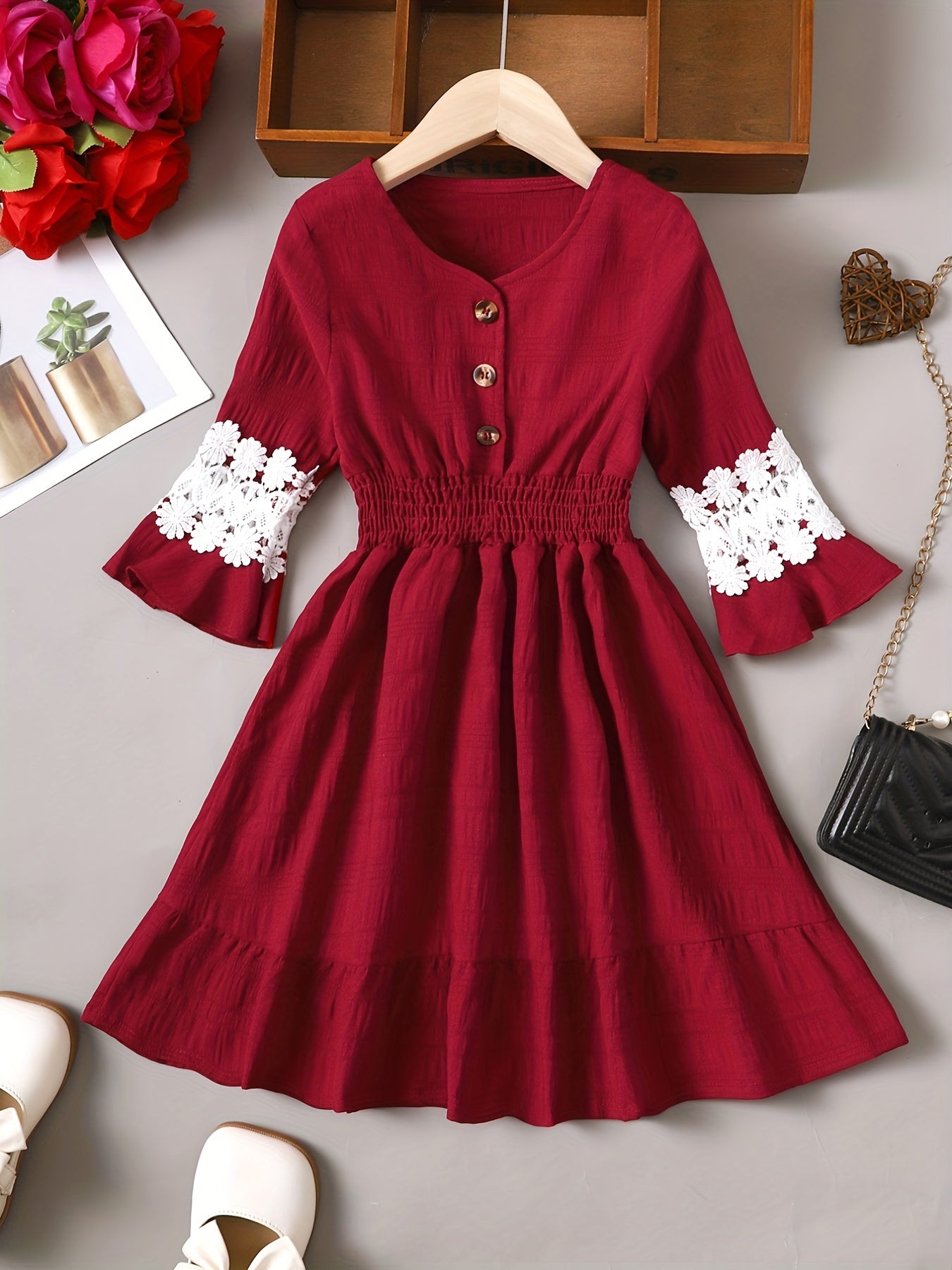 Girl's V Neck Pleated Puffy Dress Hollow Out Long Sleeve