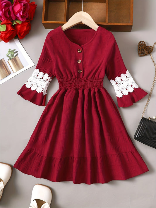Girl's V Neck Pleated Puffy Dress Hollow Out Long Sleeve