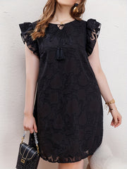  Lace Ruffle Sleeve Round Neck Tassel Tie Dress