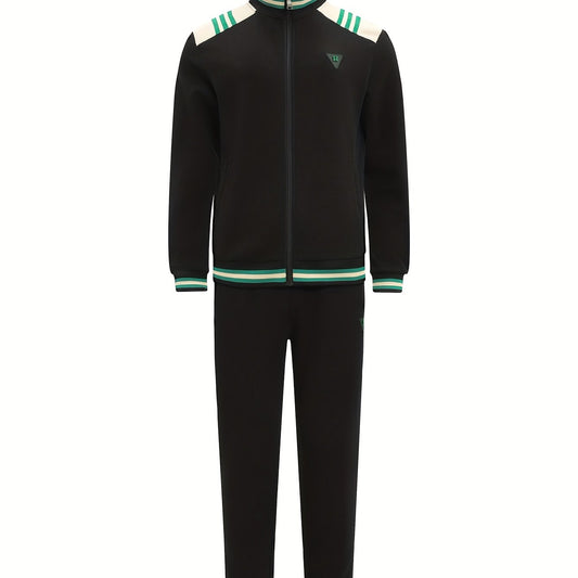 Men's 2 Piece Stripe Block Jacket & Sweatpants Set for Spring Autumn